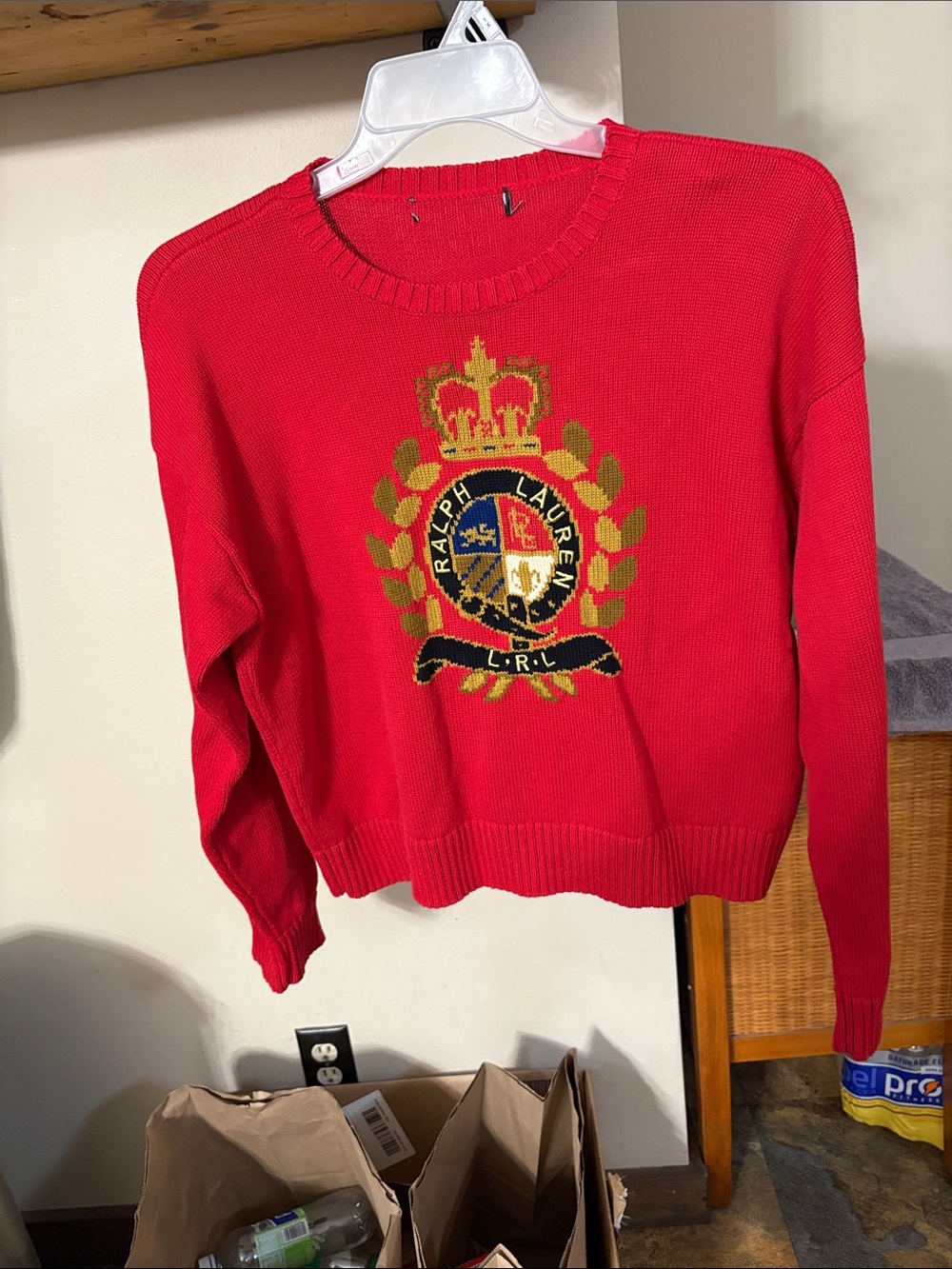 Ralph Lauren Red Crewneck Sweater with Gold Crest - Picture 1 of 1